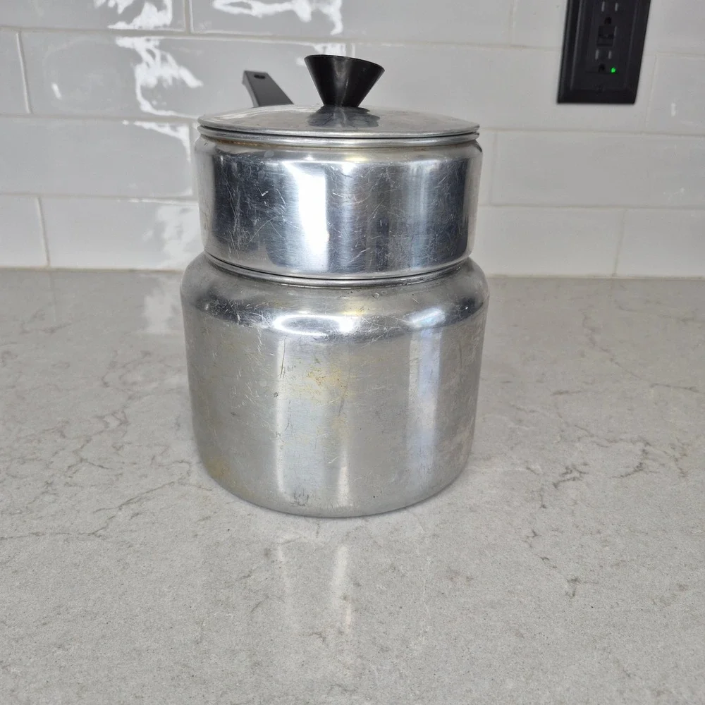 Vintage Double Boiler Aluminum Bakelite Handle Silver